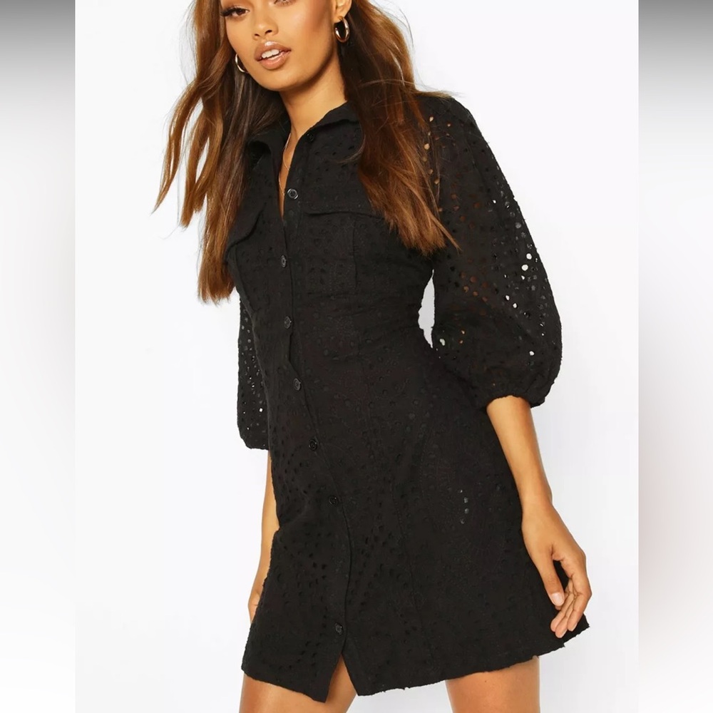 Boohoo Black Puff Sleeve Eyelet Dress